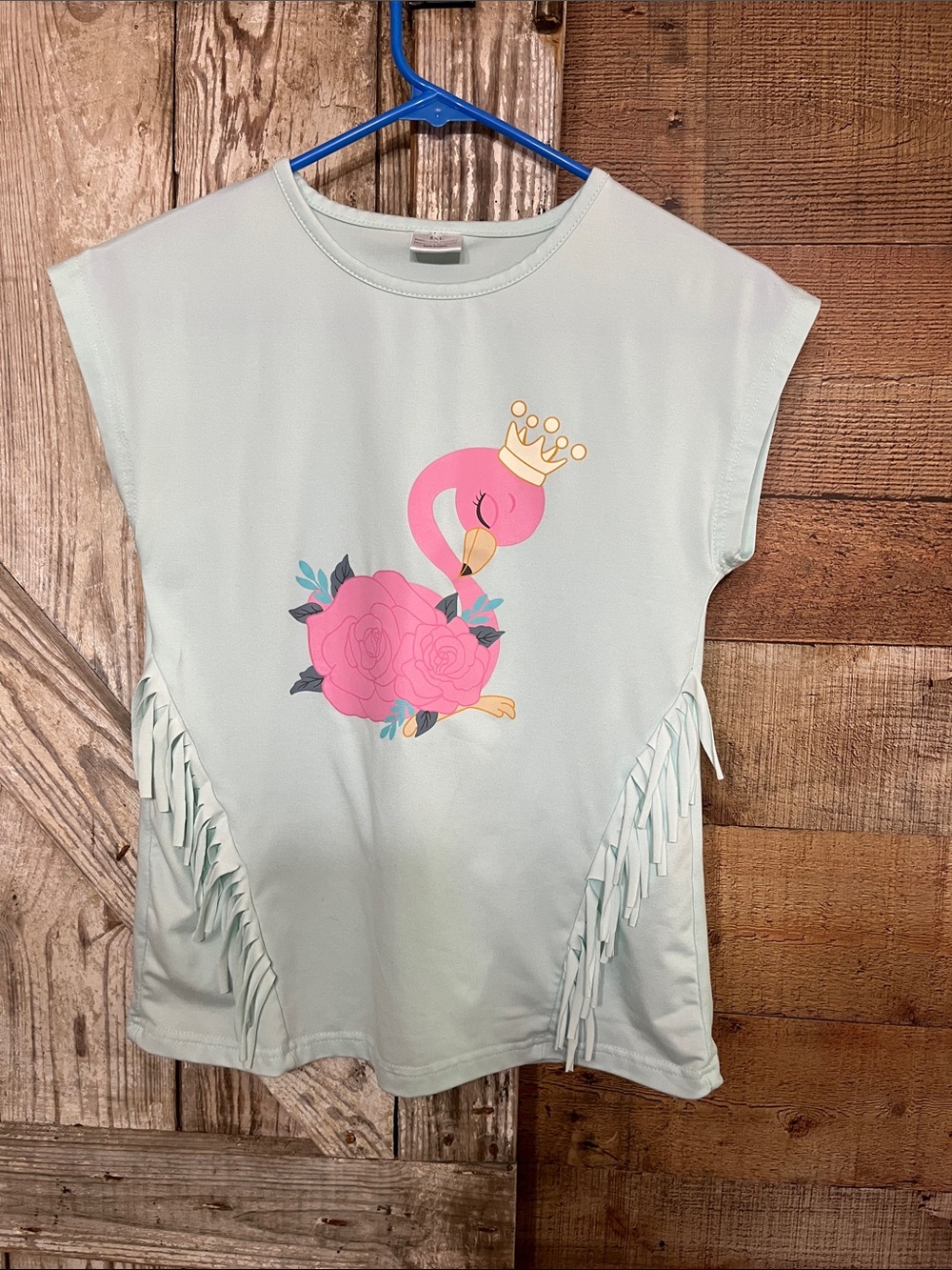 Girls' Mint Flamingo Fringe Tee with Crown Graphic